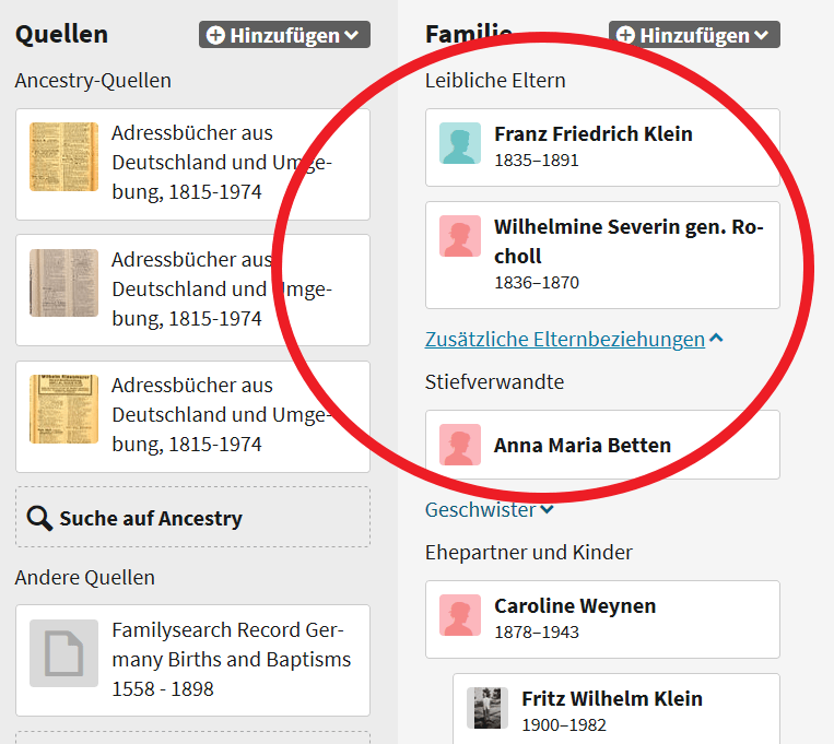 Ancestry: Genealogische Beziehungen auf der Profilseite | Screenshot: ancestry.de / Anja Klein