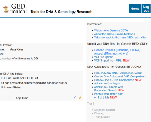 GEDmatch Genesis - Profilseite - DNA-Analyse Ahnenforschung | Foto: Screenshot Anja Klein, genesis.gedmatch.com