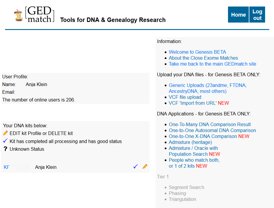 GEDmatch Genesis - Profilseite - DNA-Analyse Ahnenforschung | Foto: Screenshot Anja Klein, genesis.gedmatch.com