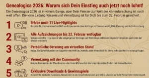 Genealogica 2026 - 5 gute Gründe für Teilnahme - Ahnenforschung Genealogie online | Bild: Anja Kirsten Klein/NotebookLM