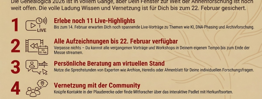 Genealogica 2026 - 5 gute Gründe für Teilnahme - Ahnenforschung Genealogie online | Bild: Anja Kirsten Klein/NotebookLM