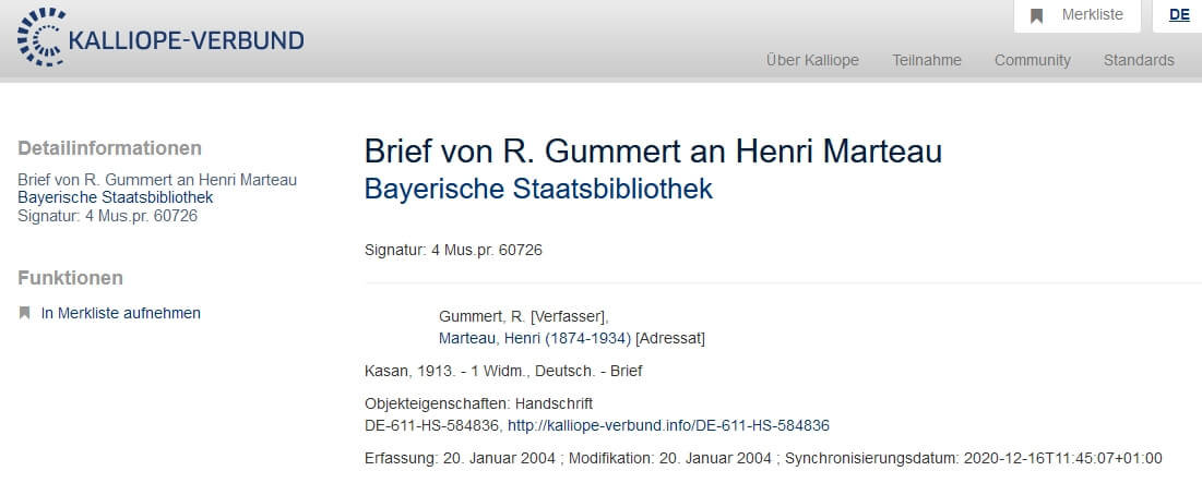Kalliope - Datenbank Ahnenforschung - Rudolf Gummert - Bayerische Staatsbibliothek | Screenshot: https://kalliope-verbund.info/DE-611-HS-584836