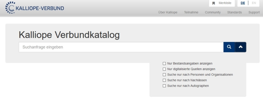 Kalliope - Verbundkatalog Startseite - Datenbank Genealogie | Screenshot: Kalliope-Verbund