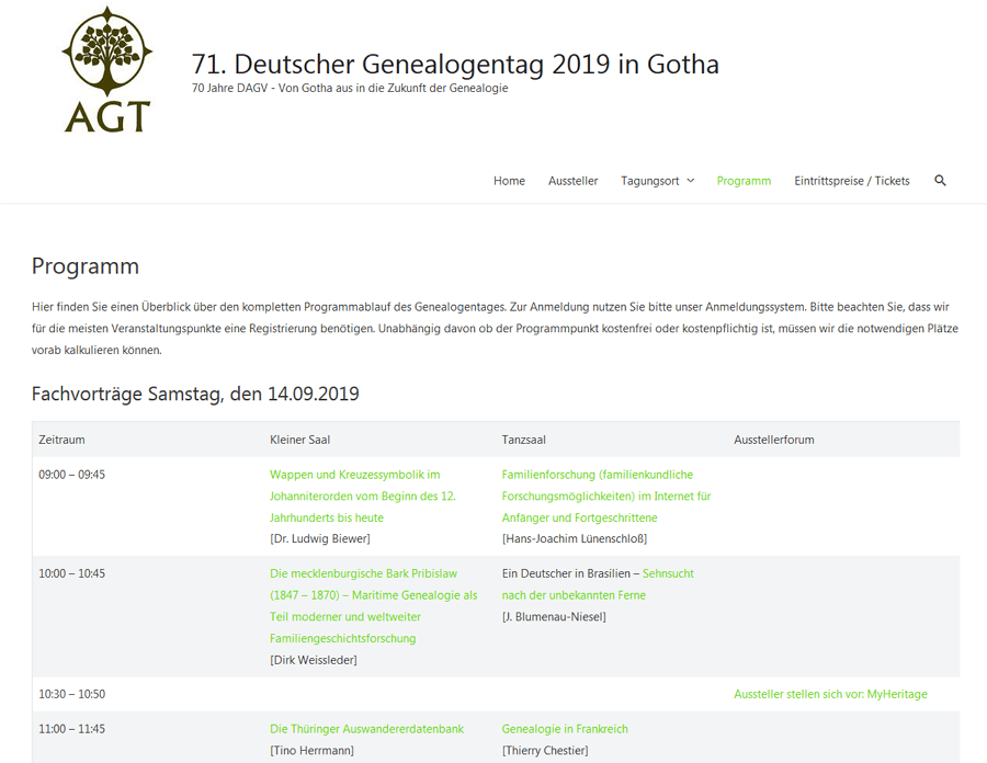 Konferenz Ahnenforschung Genealogentag 2019 - Ausschnitt des Programms | Foto: Screenshot 71dgt19.agt-gen.de/programm/