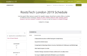 Konferenz Ahnenforschung RootsTech London 2019 - Ausschnitt des Programms | Foto: Screenshot rootstech.org/london
