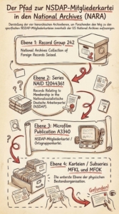 NSDAP-Mitgliederkartei in den US National Archives (NARA) – Der Weg zur Karteikarte | Grafik: Anja Kirsten Klein/NotebookLM
