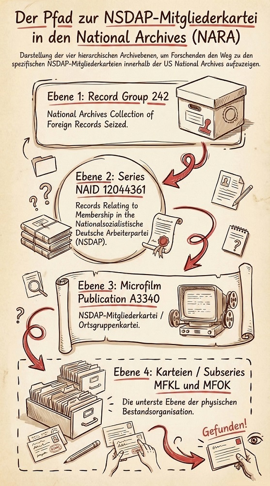 NSDAP-Mitgliederkartei in den US National Archives (NARA) – Der Weg zur Karteikarte | Grafik: Anja Kirsten Klein/NotebookLM