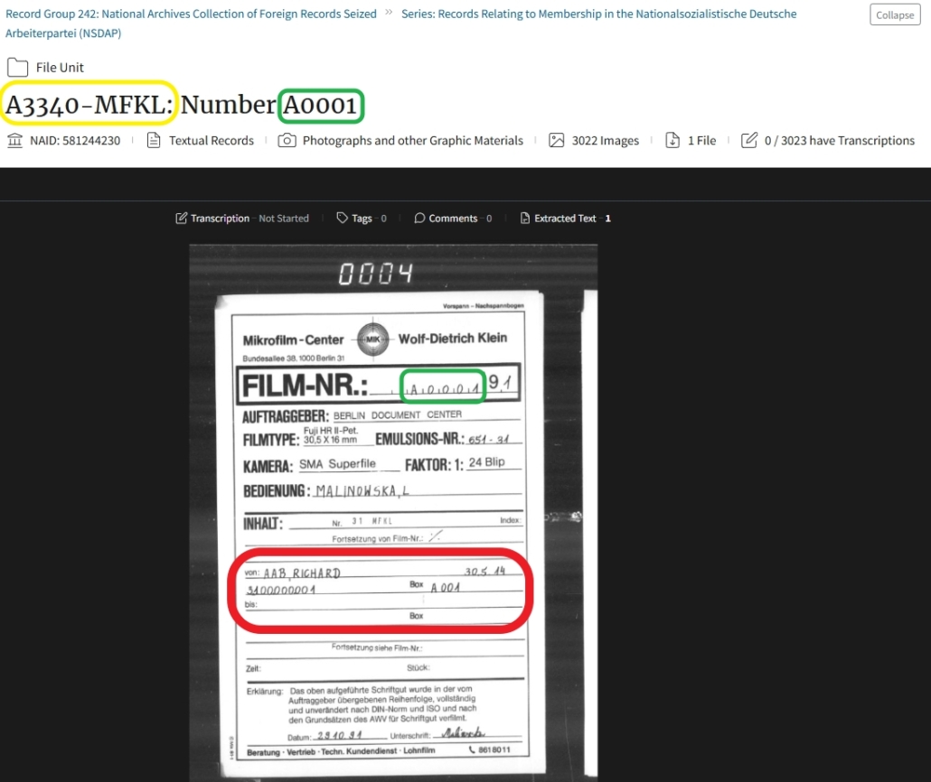 NSDAP-Mitgliederkartei in den US National Archives (NARA) – Beispiel einer Seite 4 mit dem ersten Namen der Filmrolle A3340-MFKL A0001 | Screenshot: Anja Kirsten Klein/US National Archives