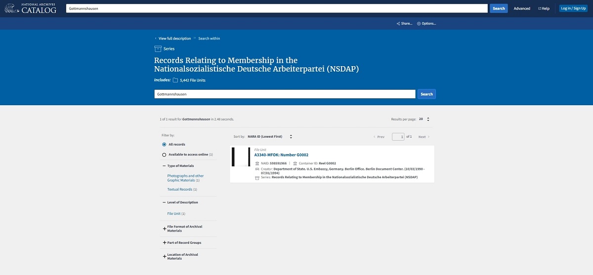 US National Archives NARA - NSDAP-Mitgliederkartei - Suchergebnis NSDAP-Mitgliederkartei in den US National Archives (NARA) – Suchergebnis MFOK | Screenshot: Anja Kirsten Klein/US National Archives