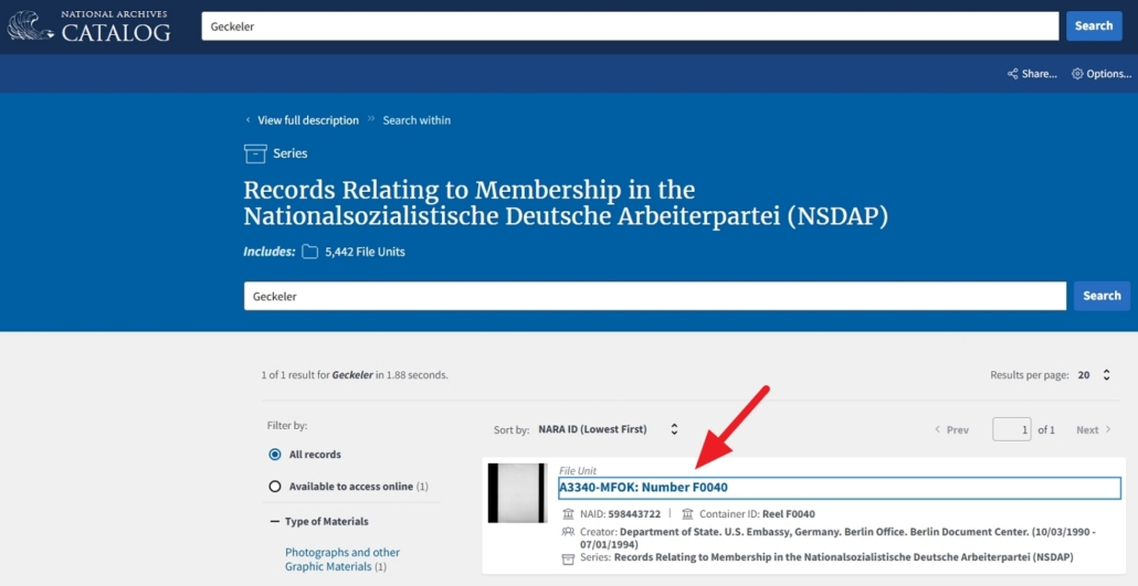 National Archives NARA - NSDAP-Mitgliederkartei - Suchergebnis | Screenshot: Anja Kirsten Klein/National Archives
