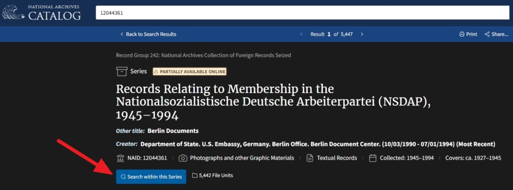 National Archives (NARA): NSDAP-Mitglieder-Kartei - Suchfunktion "Search within this Series" | Screenshot: Anja Kirsten Klein/National Archives