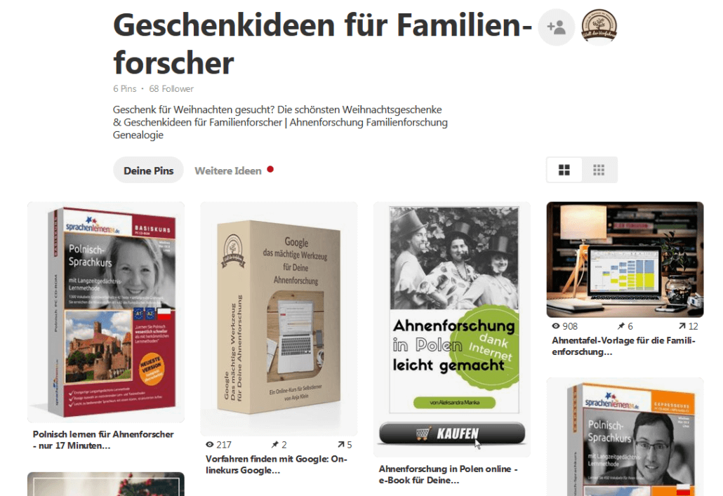 Pinterest: Pinnwand Geschenke für Familienforscher Ahnenforschung Geschenkidee Genealogie | Screenshot Anja Klein / Pinterest