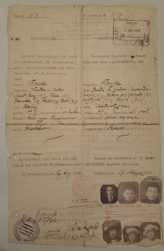 Rückkehr-Bescheinigung Kruse 1918 | Foto: Anja Klein - Ahnenforschung Russland