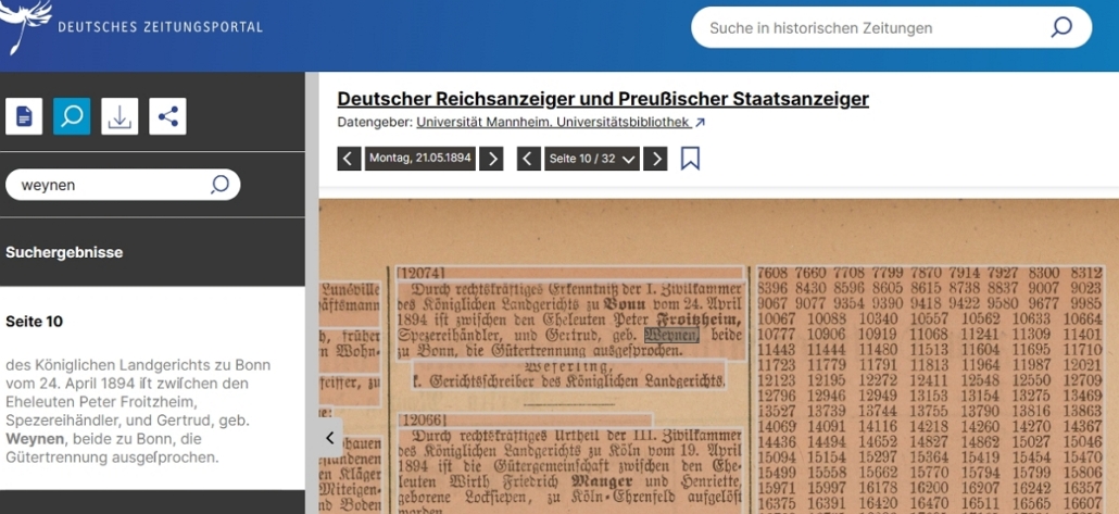 Staatsanzeiger Reichsanzeiger 1894 - Beispiel für Gertrud Froitzheim geb. Weynen | Screenshot: Deutsches Zeitungsportal