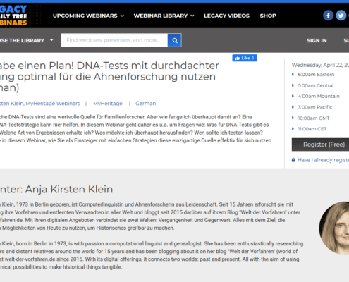 Webinar MyHeritage Legacy Family Tree Webinars April 2020 - DNA-Genealogie DNA-Test Plan | Screenshot: legacy.familytreewebinars.com