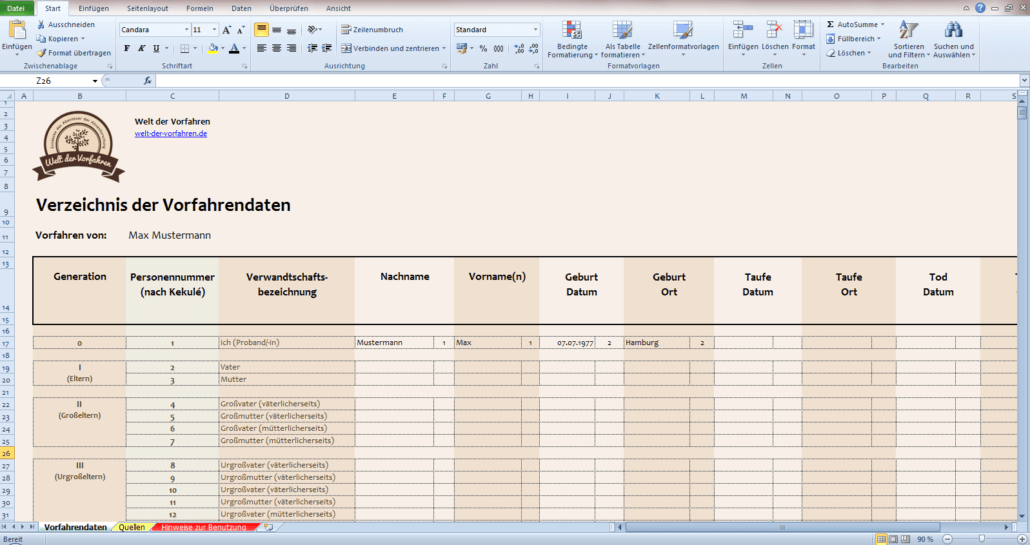 Welt der Vorfahren - Vorlage 01 - Vorfahrendatenverzeichnis | Vorlagen Ahnenforschung leer zum Ausfüllen